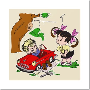 Cute Boy Mechanic Fixes Toy Car for A PigTailed Girl Cartoon Posters and Art